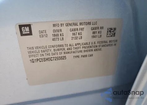 2012 Chevrolet Cruze Ls z USA, uszkodzony, nr VIN 1G1PC5SH5C7293825